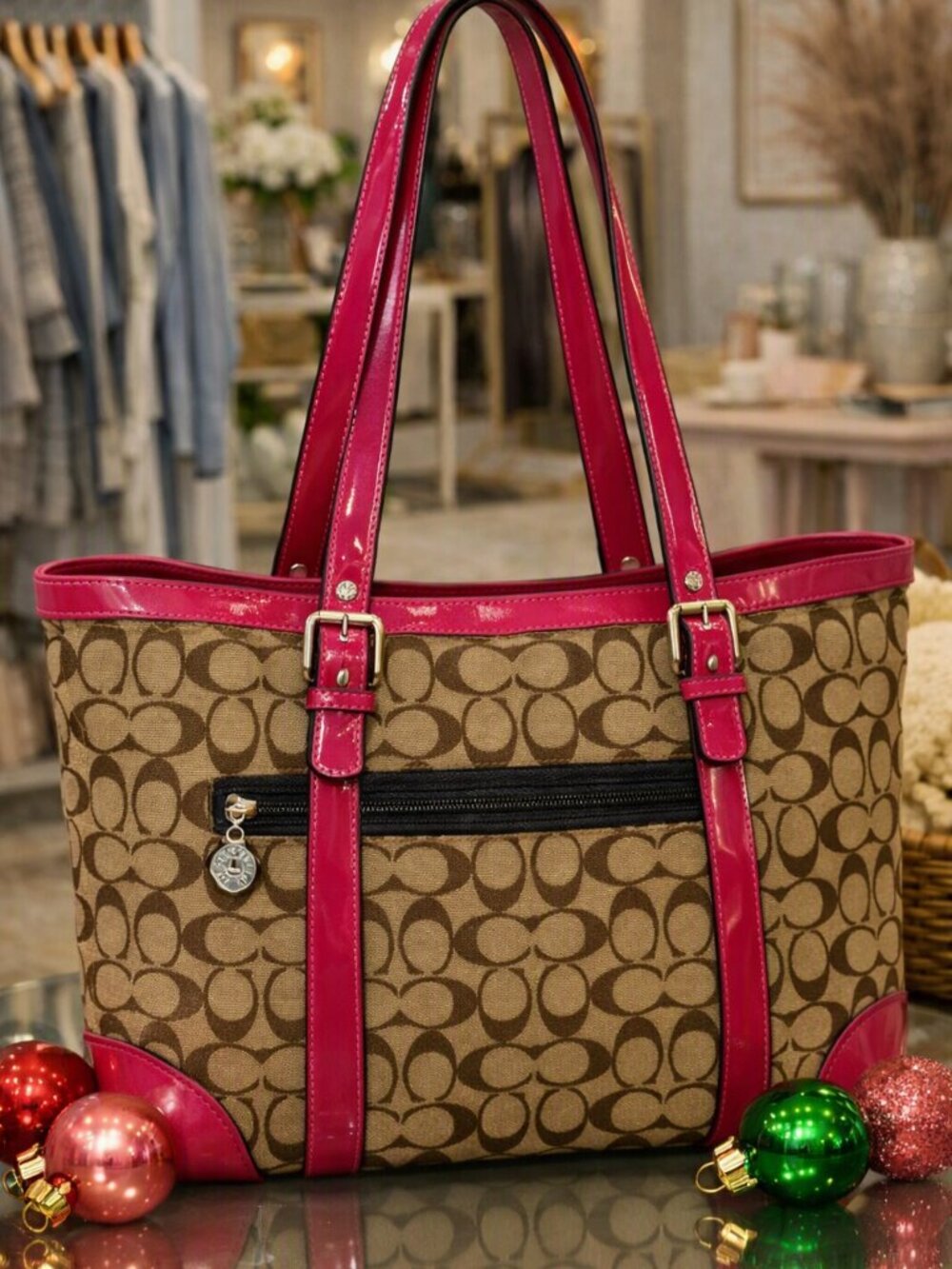 COACH HAMPTON Large Vintage Khaki & Pink Signature Canvas Tote F12647
